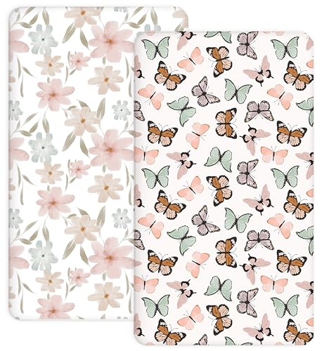 Image of Crib Sheets for Boys and Girls, 2 Pack Fitted Baby Sheets for Standard Toddler Mattress 28" x 52", Soft Breathable Jersey Knit Baby Bedding (Butterfly Dance)