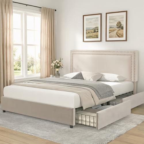Image of VECELO King Size Upholstered Bed Frame with 4 Storage Drawers, Adjustable Velvet Rivet Decor Headboard, Wooden Slats Platform Support, No Box Spring Needed, Easy Assembly,Beige