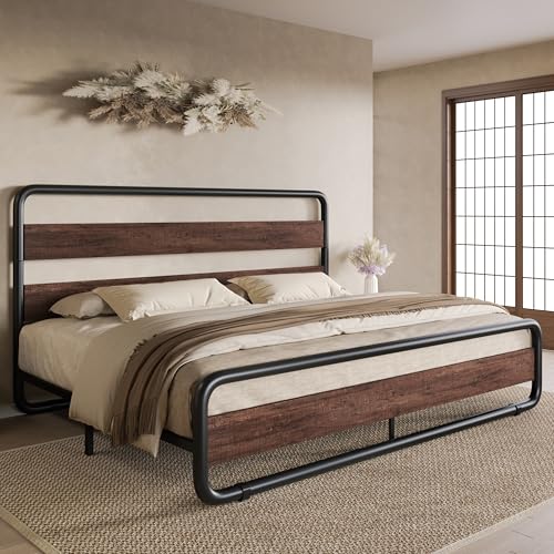 Image of SHA CERLIN King Size Metal Bed Frame with Wooden Headboard, Mahogany