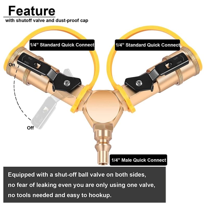 1/4 inch RV Propane Quick Connect Y-Splitter Adapter with Shutoff Valve Full Flow Plug 2 Way LP Gas Adapter for RV - (Color Name: Gold)
