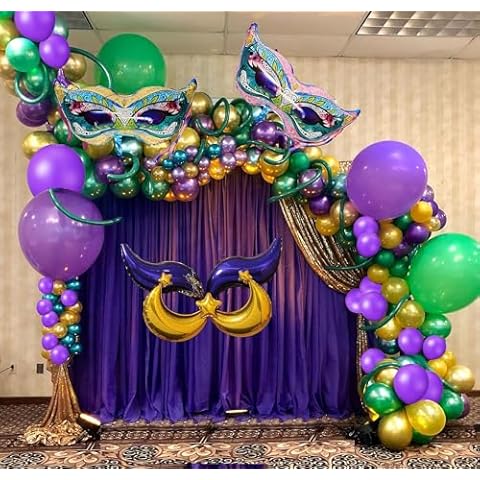 Mardi Gras Balloon Garland Kit,108 PCS Purple Green Gold Balloons Mask Sign Foil Balloons for Mardi Gras Masquerade New Orleans Party Cover