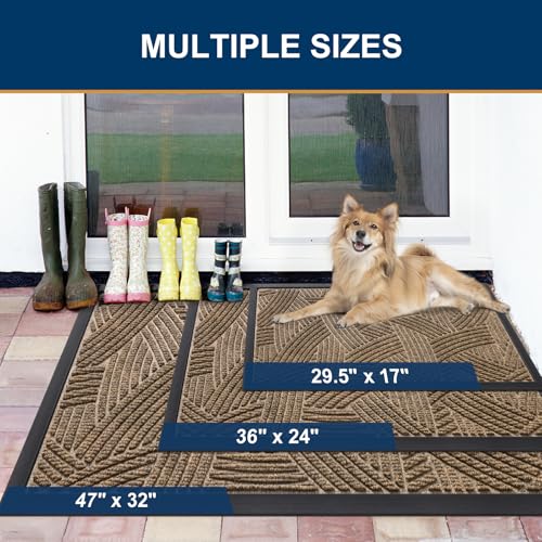Image of Smiry Front Door Mat Outside Entrance, Heavy Duty Sturdy Natural Rubber Doormat, Trap Dirt and Moisture, Easy Clean Low Profile Mats for Indoor Outdoor Entry, Interwoven Stripes 29.5x17, Brown