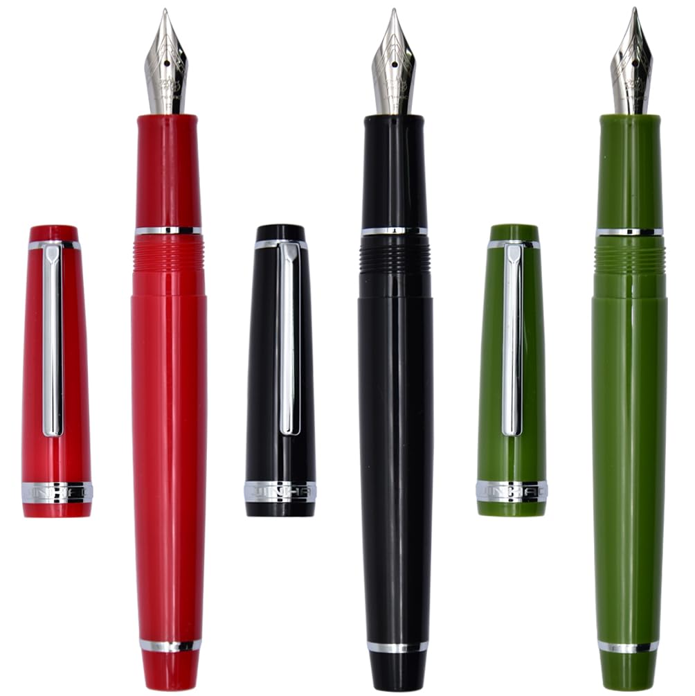 Ranvi 3 Jinhao 82 Fountain Pen,Red,Black,Green Acrylic Fine Point Silvery Trim with Converter Set