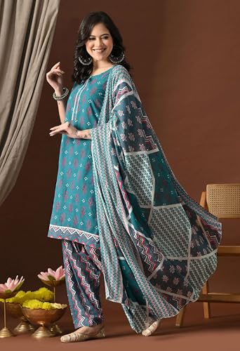 Image of Amazon Brand - Tavasya Women's Cotton Printed Kurta Set with Dupatta and Straight Pants | Salwar Suit | Ethnic Wear for Festive, Casual & Office Use