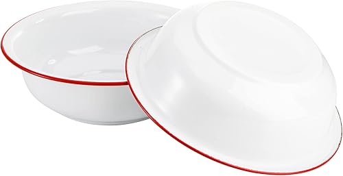Miniatura 4 de Elsjoy Juego de 2 cuencos esmaltados, 3 cuartos de galón, cuencos grandes de esmalte blanco con borde rojo, cuenco de sopa esmaltado vintage de 11