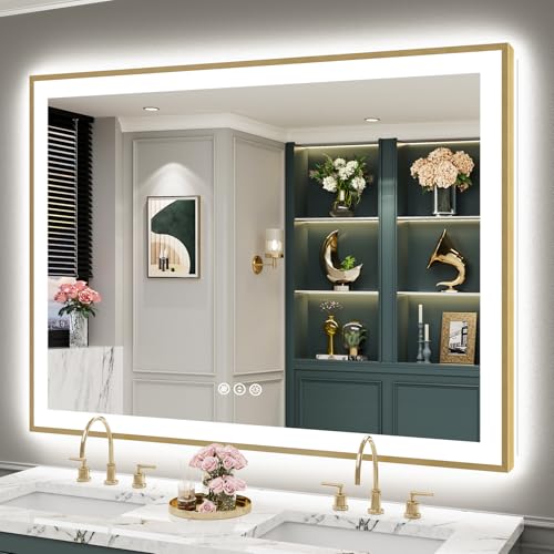 Image of 55x40 Gold LED Bathroom Mirror with Lights, Lighted Vanity Mirror | Backlit & Front Lit, Anti-Fog, Brushed Gold Framed, 3 Color Dimmable, Memory, Tempered Glass, IP54, UL Listed, Wall Mounted