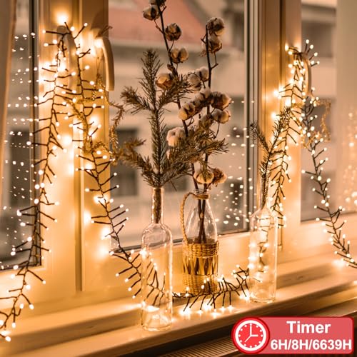 Image of 2 Pack Dual Color Changing Battery String Lights (Warm White & Multicolor) | Total 20Ft 400 LED Christmas Cluster Lights with Timer 11 Modes Waterproof Firecracker String Light for Tree Garden Decor