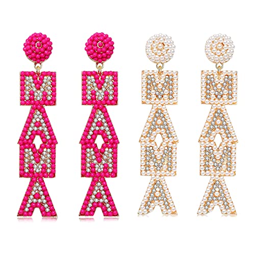 2 Pairs Mama Earrings For Women Handmade Beaded Mama Dangle Earrings Rhinestone Mother’s Day Earrings Birthday Holiday Jewelry Gift (White+Hot Pink) #TOP14