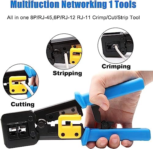 Image of COOLCOLD Crimping Tool RJ45 | Tools Kit, Pass Through Cat5 Cat5e Cat6 Professional Heavy Duty Crimping tool with Lan Tester, Universal Wire Stripper, 20pc Rj45 Connector, 20pc Boot, Wire Cutter