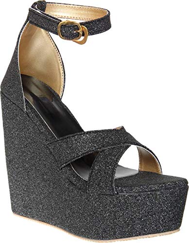 LONDON STEPS Women Glitter Black Wedges 37 : Amazon.in: Shoes u0026 Handbags
