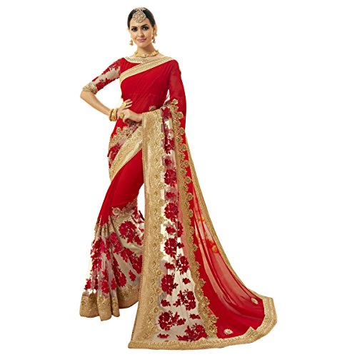Triveni Women's Indian Red Colored Embroidered Faux Georgette Net Bridal Saree with Unstitched Blouse Piece