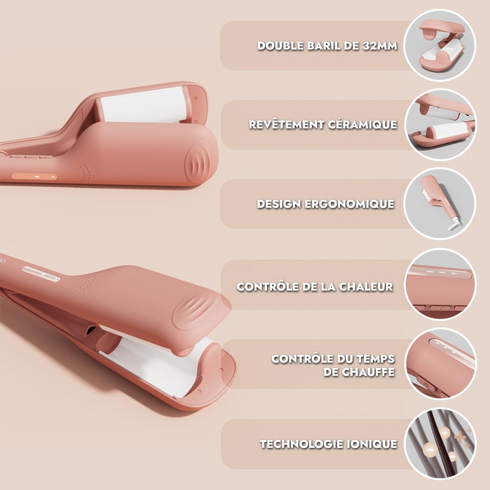 Osée - Party Waves – Welleneisen mit 2 Barren, 32 mm Keramikbeschichtung, Soft Touch, Timer, einstellbare Temperatur, schnelles Aufheizen, Kabel 360°, verheddert sich nicht