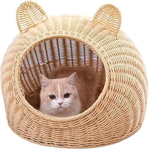 Ambety キャットハウス ドーム型猫ハウス 猫ベッド 猫ちぐら 猫 ハウス 籠 ちぐら 猫用 キャットハウス 猫ハウス ベッド おしゃれ 大型丸洗い 籐猫小屋半密閉四季ユニバーサル籐通気性犬小屋 (39*39*28CM,ベージュ)