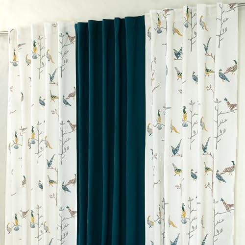 Image of Tranquebar Curtain Co. Window Curtains 5 Feet, 60-65% Room Darkening, Multicolor (Blue, Yellow) Bird Print, Cotton Curtains for Window, BackTab Loops, Design Shiri Green Combo (152 cm) - Set of 3