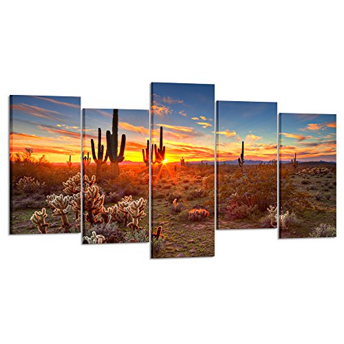 Kreative Arts - Natural Landscape Paintings Wall Art Sunset with Saguaros in Sonoran Desert 5 Pieces Picture Print on Canvas for Modern Home Decoration (Medium Size 40x24inch)