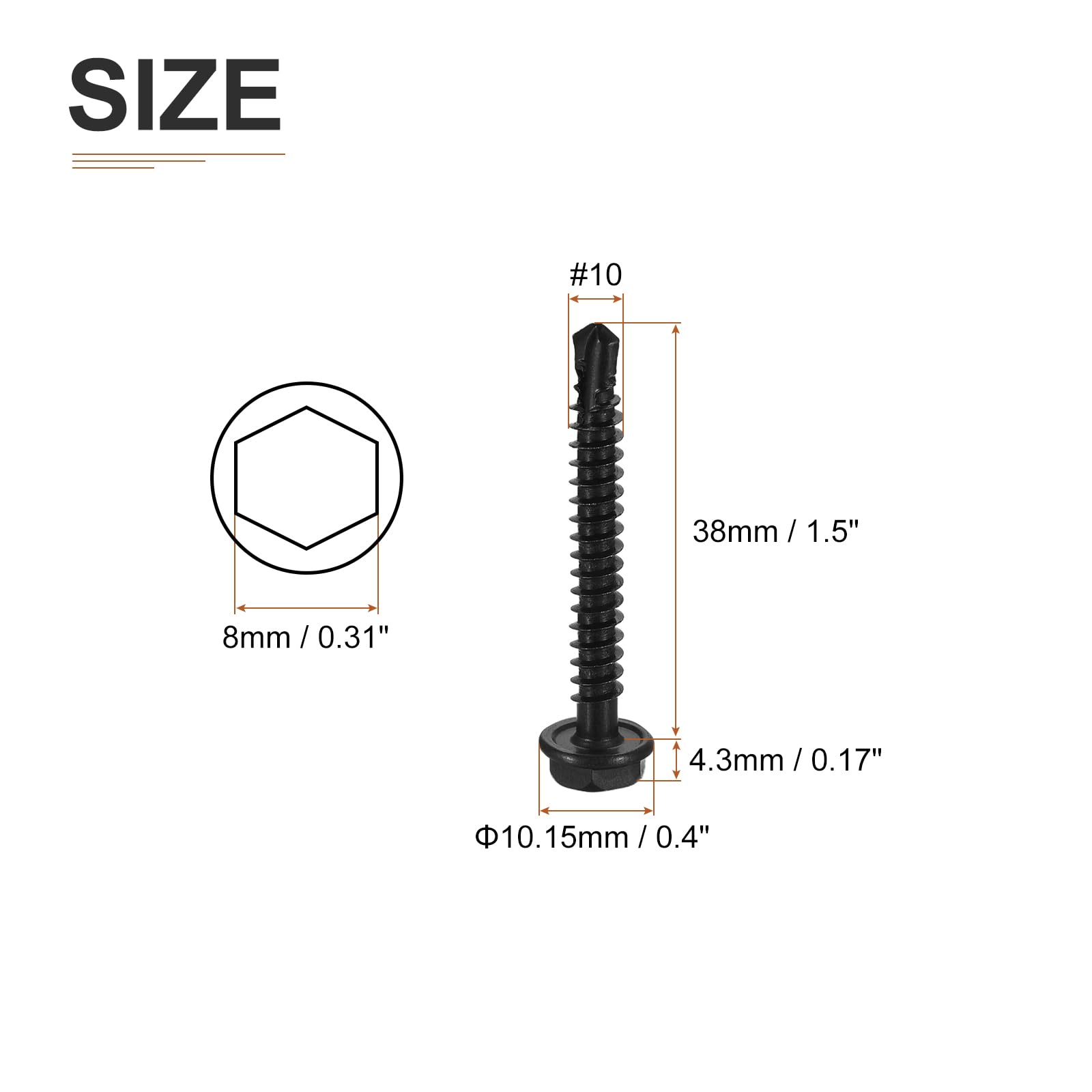 DTGN #10x1-1/2" Hex Washer Head Self Drilling Screws, 50Pack, Good for Machine, 410 Stainless Steel Black Oxide - Image 2