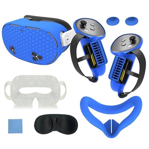 Meta Quest 3S 対応 アクセサリー 7セット 2コントローラーのシリコンカバー+5 VRの汗マスク+VRヘッドセットプロテクター+レンズ保護カバー+アイマスク+2 ボタンカバー+クリーニングクロス (Blue)