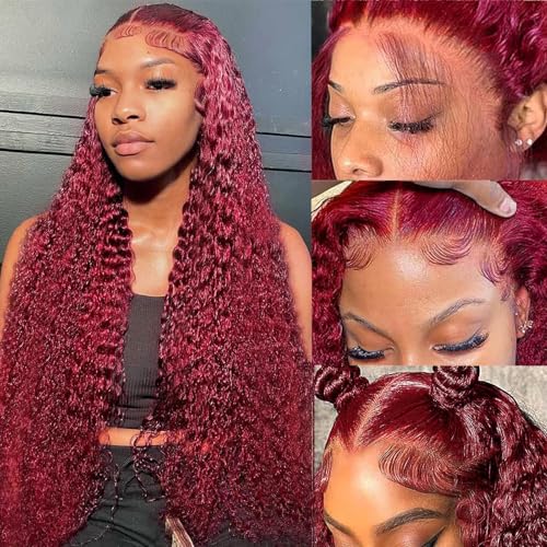 Image of 32 Inch 99j Burgundy Lace Front Wigs Human Hair 13x4 Lace Front Wigs Human Hair Pre Plucked Deep Wave Curly Wig 180% Density Water Wave Human Hair Wig Wine Red Wet Wavy Colored Glueless Wig for Women