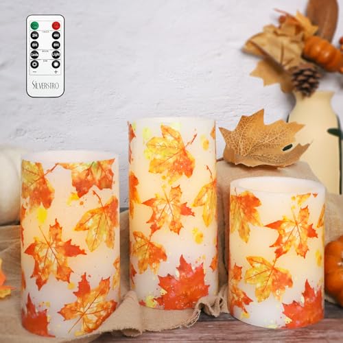 Image of Flameless Candles Remote Fall Leaves Decal Flickering Real Wax Battery Operated Candles for Home Party Wedding Botanical Christmas Fall Decorations - Set of 3