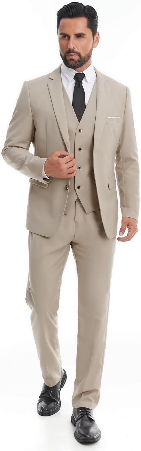 Mens Suit 3 Piece Slim Fit Two Button Single Breasted Solid Tuxedo Blazer Vest Pants Set for Wedding Prom Formal Business