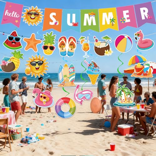 Image of Summer Party Decorations - Pre-Strung Hello Summer Banner and Hanging Swirls Beach Party Decor for Home Office Classroom