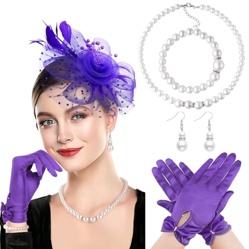 Image of DRESHOW 1920s Vintage Fascinators Hat for Women Veil Mesh Tea Party Derby Hat Bow Satin Gloves Pearl Jewelry Set for Cocktail