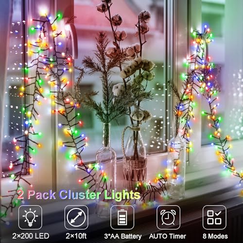 Image of 2 Pack Battery String Lights Total 20Ft 400 LED Christmas Cluster Lights | Dark Green Wire Firecracker Twinkle Lights Waterproof with Timer 8 Modes for Outdoor Tree Xmas Decor (Multicolor)