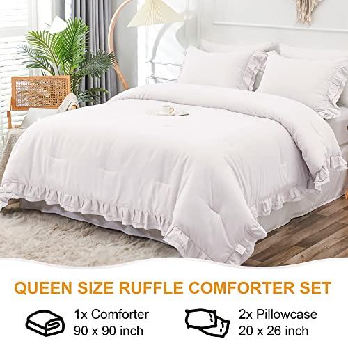 Yozen White Double Ruffle Comforter Set Queen Size (90X90 Inch), 3 Pcs Farmhouse Vintage Comforter Set (1 Ruffled Comforter And 2 Pillowcase), Rustic All Season Down Alternative Bedding Set #TOP2