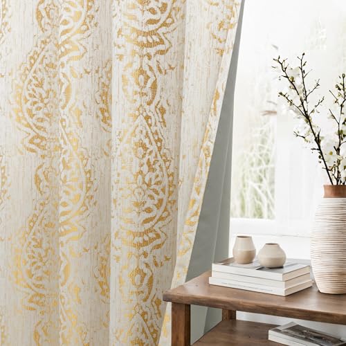 KOUFALL Gold Patterned Elegant Curtains for Living Room, Blackout Damask