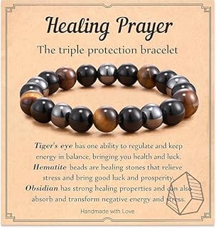 M.A.S Valentines Day Triple Protection Bracelet for Men Genuine Premium Tiger Eye Hematite Obsidian Onyx Lava Rock Stress Beaded Bracelet Gift Brings Luck and Prosperity and Happiness