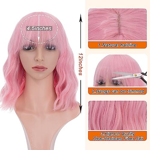 Benehair Wig with Bangs Pink 12 Inches Short Pastel Curly Wavy Heat Resistant Synthetic Women's Bob Wig Daily Use Colorful Cosplay Wig for Girls