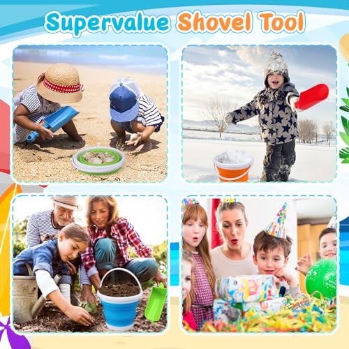 Large Foldable Beach Sand Bucket Shovel Toy for Kids Adults, 3L Jumbo Collapsible Castle Pails with 9\" Thick Scoops Spade, Heavy Duty Garden Tool for Gardening, Sandbox, Pool, Outdoor, Digging 6 Pack