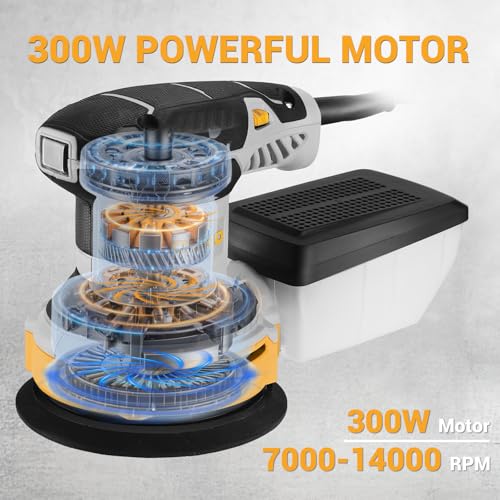 DEKOPRO Random Orbit Sander 300W with 16Pcs Sandpapers, 6 Variable Speed 14000RPM, 125MM Hand Electric Tool, High Performance Dust Collection System, Fit for Woodworking/Sanding 7 DEKOPRO Random Orbit Sander 300W with 16Pcs Sandpapers, 6 Variable Speed 14000RPM, 125MM Hand Electric Tool, High Performance Dust Collection System, Fit for Woodworking/Sanding - Image 7