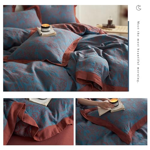 VM VOUGEMARKET Jacquard Duvet Cover Set King,Yarn-Dyed Cotton Blue Red Tree Leaves Duvet Cover Bordered,Reversible Farmhouse Style Bedding Set King