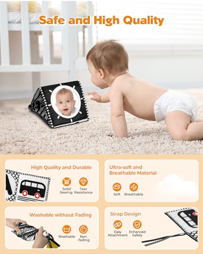 Image of Melican Black and White High Contrast Baby Toys 0-6 6-12 Months, Soft Book with Teether, Newborn Infants Tummy Time Toys, 0-3 3-6 Month Sensory Visual Stimulation, Montessori Learning Essentials
