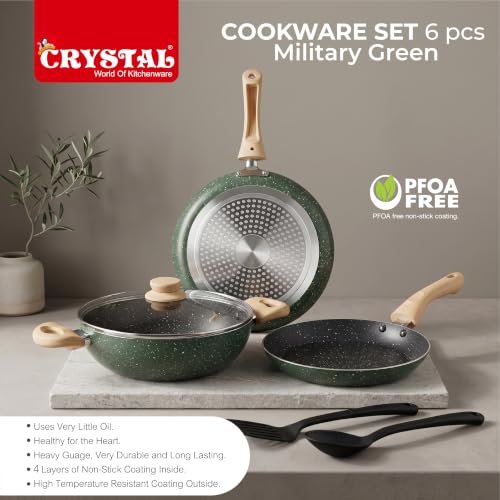 Image of Crystal Aluminum 6 Pcs Non Stick Cookware Set with Induction Bottom | Tawa, Fry Pan, Kadhai with Lid, Laddle & Spatula | Durable 4 Layer Non Stick Coating | Military Green