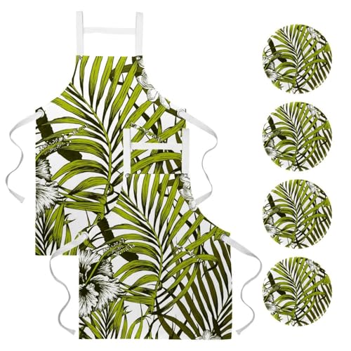 Tablier de cuisine imprimé feuilles de palmier avec 4 broches