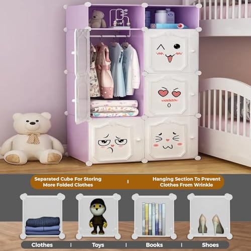 Image of EXVITO Collapsible Wardrobe Storage Cabinet | 6+2 Door Plastic Modular Clothes Organizer for Kids | Foldable Wardrobe Storage Rack with Hanging Space | Multi-Purpose Kids Closet Organizer - Purple
