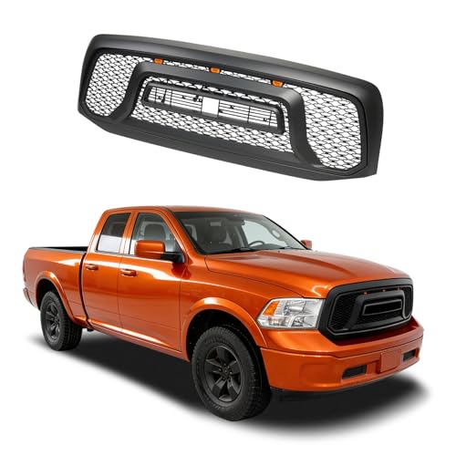 HDQQ Front Grill Compatible with 2006-2008 Dodge Ram 1500 & 2006-2009 Ram 2500 Ram 3500 Matte Black Replacement Front Bumper Grill ABS Bumper Grille Assembly with Amber LED Lights & Letters
