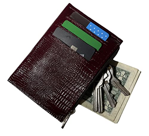 Real Leather Zipper Credit Card Holder - Handmade 100% Genuine Cow Leather Business Card Case Coin Purse Pocket Embossed Reptile Pattern - Lizard Burgundy3