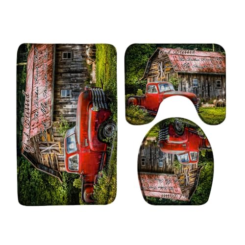 Vintage Farm Truck 3 Pcs Bath Rugs Set,Old Antique Car Rustic Wooden Barn Sheep Farmhouse Animal Western Country Bathroom Kitchen Rug with 17.8