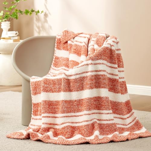 Image of Snuggle Sac Orange Fall Throw Blanket for Couch, Reversible Super Soft Blankets Warm Cozy Knit Fuzzy Plush Blankets for Sofa,Living Room, Stripe Orange,50x60 inches