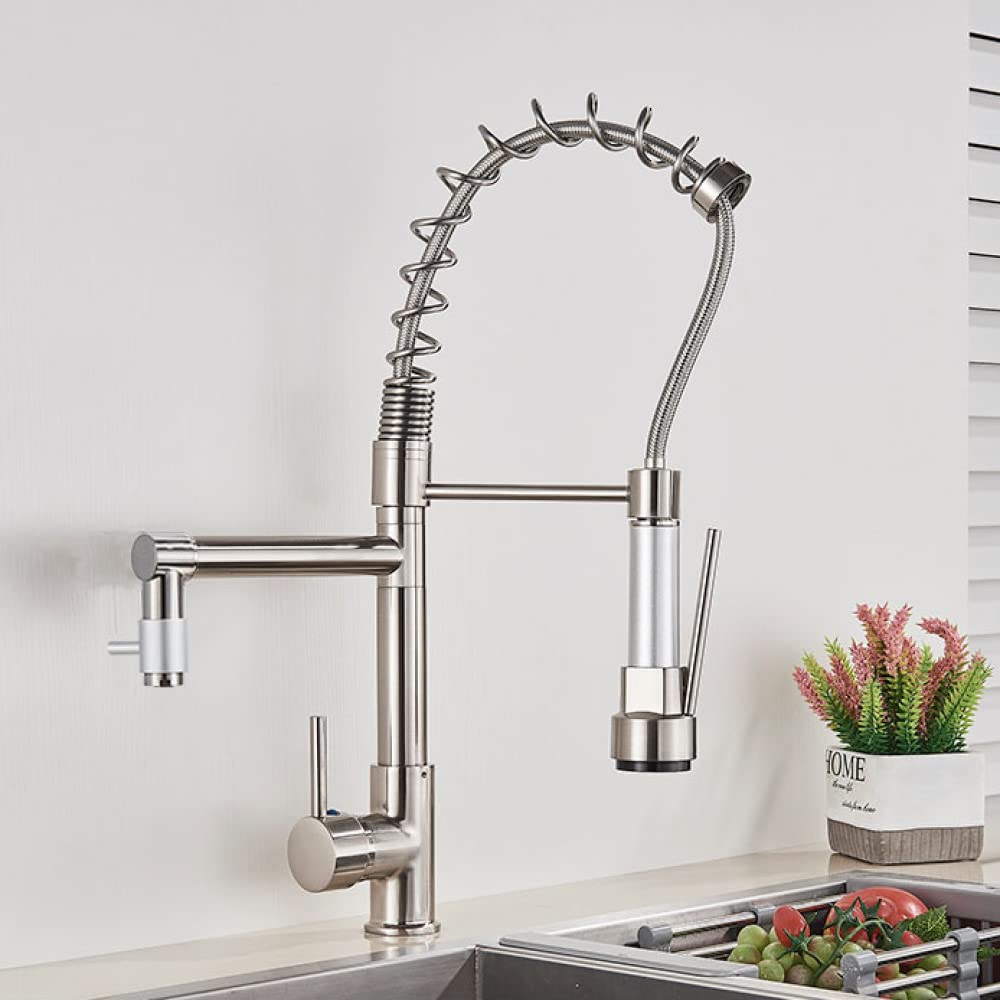 FCXWEVR Black Matte Kitchen Faucet with Dual Spout & Pull Down Sprayer Hot & Cold Mixer Brushed Nickel Finish Modern Bridge Design for Kitchen Sink Upgrade