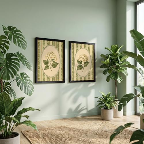 Image of NoWorries Vintage Botanical Wall Art Set of 2 Framed Floral Prints for Living Room Bedroom Office | Green Cottagecore Wall Decor with Wooden Frame (Art-6, 13x19inch)