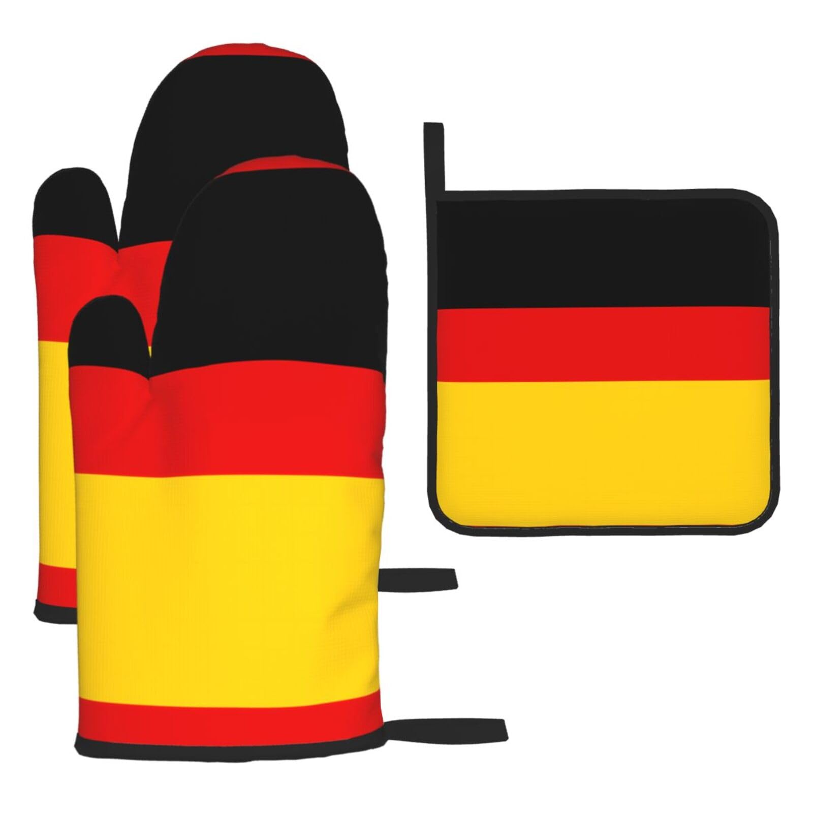 German flag Printed Oven Mitt Set 3-Piece | Heat Resistant Gloves & Pot Holder Mat for Cooking, Baking & BBQ