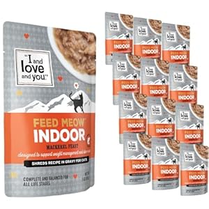 I AND LOVE AND YOU Feed Meow Indoor Wet Cat Food – Mackerel – Packed with Protein and Fiber, Grain Free, Shredded, 3oz Pack of 12