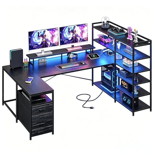 DurayLoly 63' L Shaped Gaming Desk with Monitor Stand & CPU Stand, Reversible Corner Desk with 6-Tier Shelves& 2 Fabric Drawers, Ergonomic Computer Desk with Power Outlet & LED Lights,Black