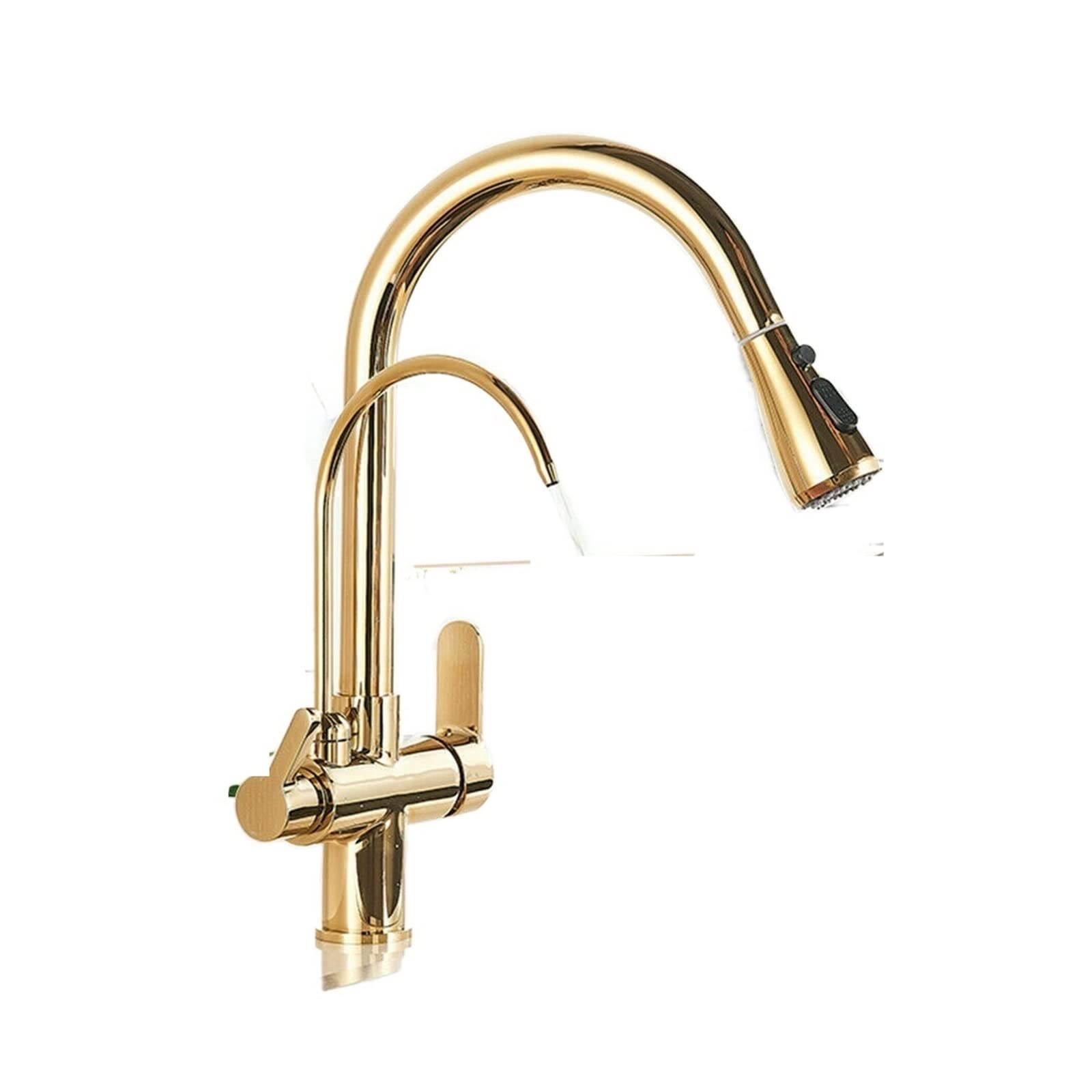 Goldener Küchenhahn mit Ausziehbrause, 360° drehbar, Doppelgriffe, Einloch-Kalt- und Warmwasseranschluss, intelligenter Wasserhahn (Antikmessing)