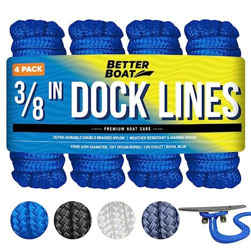 Image of Dock Lines for Boats 3 /8 inch x 15ft, 4 Pack Double Braided Nylon Boat Rope | 12 inch Loop, Marine Grade Mooring Line for Docking, Royal Blue, Better Boat