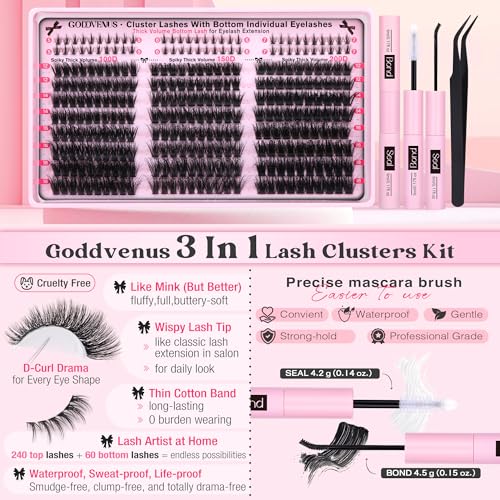 Image of Fluffy Lash Clusters Kit Volume Cluster Eyelash Extensions Kit D Curl Waterproof Eyelash Clusters 240pcs Individual Lashes Full Faux Mink Cluster Lashes and 60pcs Bottom Lashes for DIY Lash Extension